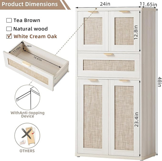LEYAOYAO 48" Tall Storage Cabinet Set of 2,Rattan Bathroom Floor Cabinets with 2 Doors & 1Drawer,Boho Kitchen Pantry with Adjustable Shelves,Wooden Cupboard for Living Room,Home Office,White Cream Oak