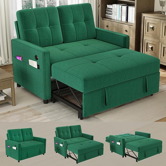 3 in 1 Convertible Sleeper Sofa Bed, Pull Out Couch with Charging Station, Corduroy Small Loveseat Sleeper Sofa with Adjustable Backrest for Apartment, Bedroom, Small Space(Green)
