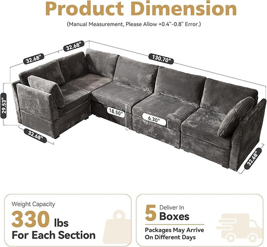 Modular Sectional Sofa,5 Pieces Sectional Couches for Living Room,131X65 L Shaped Cloud Couch with Oversized Convertible Modular Couch for Living Room