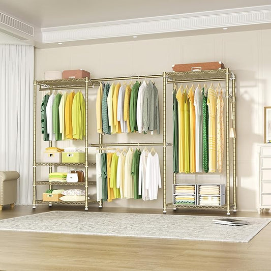 Ulif E1 Heavy Duty Closet Garment Rack, 6 Tiers Adjustable Metal Freestanding Expandable Clothing Storage with 4 Hanger Rods, Easy to Assemble Wardrobe, 71.4" H x (70" - 88.2") L x 14" D, Gold