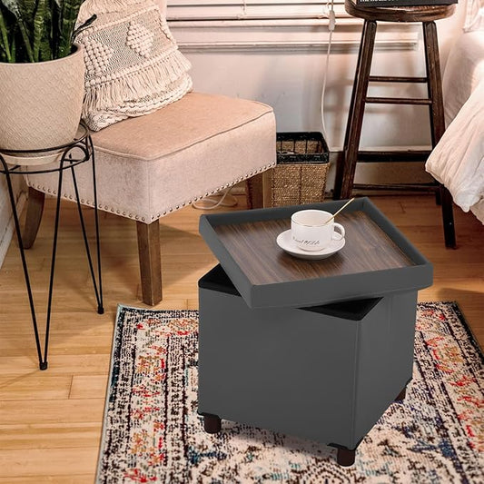 Storage Ottoman, Ottoman with Storage for Living Room Ottoman Square Tray Bedroom Cube Foot Rest Stool With Legs Small Ottomans Coffee Table Lid Foldable Footstool Faxu Leather 15" Inch (Grey)