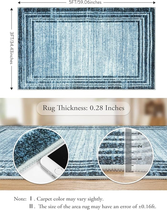 Lahome Modern Abstract 3x5 Rug,Washable Blue Throw Rugs for Entryway Indoor Non-Slip,Low-Pile Soft Area Rug Minimalist Bordered Carpet for Kitchen Bathroom Bedroom
