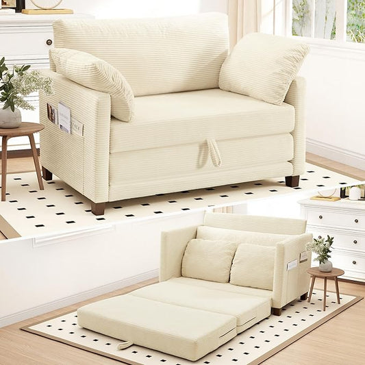 51" Convertible Loveseat Sofa Bed, 2-in-1 Folding Sofa Bed with 2 Pillow for Small Spaces, Modern Loveseat Sleeper Couch for Apartment, Living Room & Guest Room (Corduroy Beige, 51 inch)