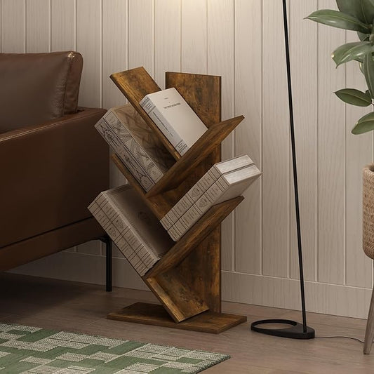 Furinno Tree Book Shelf, 5-Tier Bookshelf, Tree Bookcase for Room Decor, 8.4 x 15.7 x 30.3, for Living Room, Bedroom, Home Office, Amber Pine