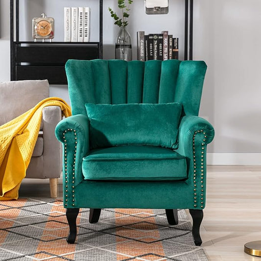 Velvet Accent Chairs Set of 2 with Arm Comfy Living Room Chair Mid-Century Modern Wingback Side Chair Single Sofa Couch for Bedroom Guest Room, Green