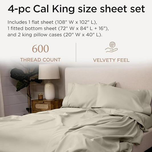Threadmill California King Sheet Sets | 600 Thread Count Cal King Bed Sheets Set with 16โ Deep Pocket | Sateen Weave 4-Piece Bedding Set with Cooling Effect | Taupe
