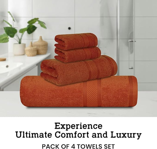 Casa Lino 4 Piece Bath Towel Set | 1 Bath Towel, 2 Wash Cloth, 1 Hand Towels | Bathroom Essentials for New Home, 100% Cotton Luxury Towels, Highly Absorbent Bathroom Set, Coral Orange.