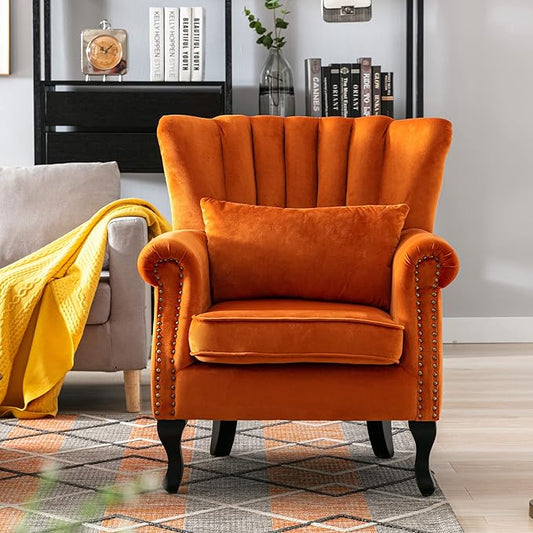 Mid Century Accent Chair Modern Tufted Wingback Armchairs Club Chair Velvet Single Sofa Lounge Chair with Pillow for Living Room, Orange