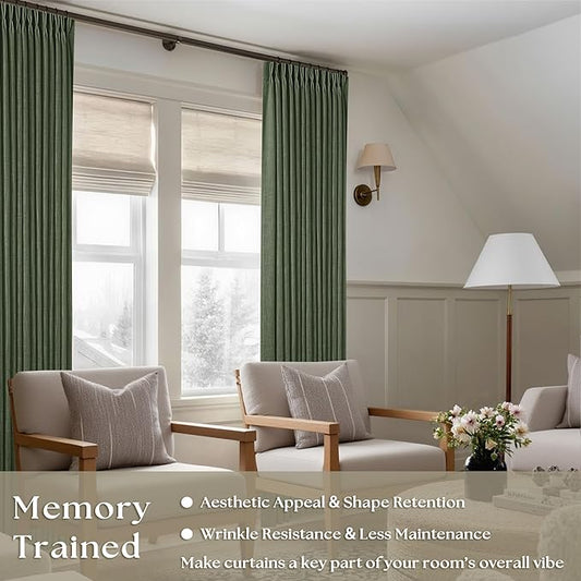 Thick Linen Olive Green Curtains 96 Inches Long for Living Room Bedroom Aesthetic Pinch Pleated Drapes with Hooks Rings Back Tab Light Filtering Ceiling Floor Custom Made Memory Trained Curtain Loden