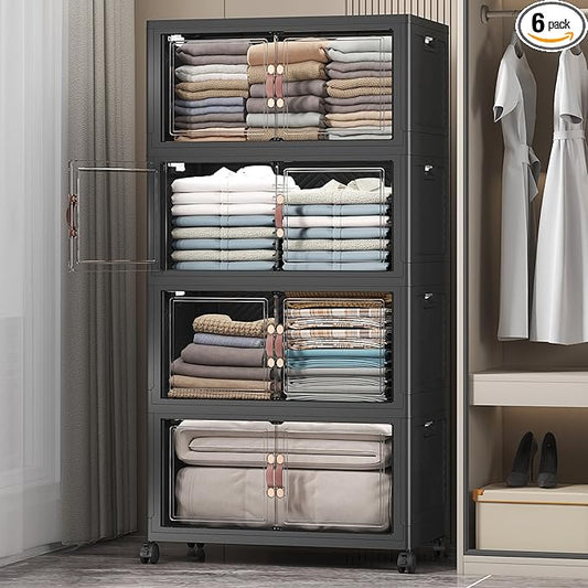 Extra Large Stackable Storage Bins with Lids & Wheels & Door, 448QT-112QT/28GAL*4Pack Foldable Collapsible Closet Organizers, Plastic containers drawers for bedroom Dorm