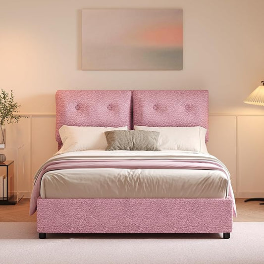 Queen Bed Frame with Headboard, Cloud Boucle Upholstered Bed Frame, Modern Soft Style, Adjustable Headboard, No Box Spring Needed, Easy Assembly, Pink
