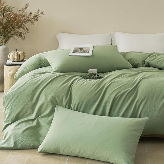 JELLYMONI Duvet Cover Twin Size - Washed Cotton Comforter Cover with Linen-Like Texture, Breathable & Soft Bedding for Modern Home,Guest Room and Everyday Use,Mint Green 1 Duvet Cover & 1 Pillowcase