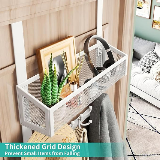 HapiRm Over The Door Hanger - Over The Door Hooks with Mesh Basket and 16 Hooks, 304 Stainless Steel Storage Organizer for Bathroom, Bedroom, Kitchen-White