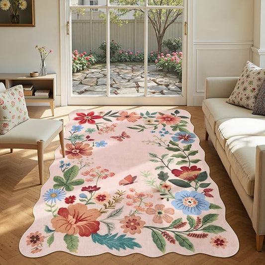 Lahome Floral Washable Rugs, 4X6 Pink Rugs for Bedroom Girls Ultra-Thin Soft Living Room Rug, Non-Slip Stain Resistant Boho Throw Carpet for Nursery Office, Light Pink