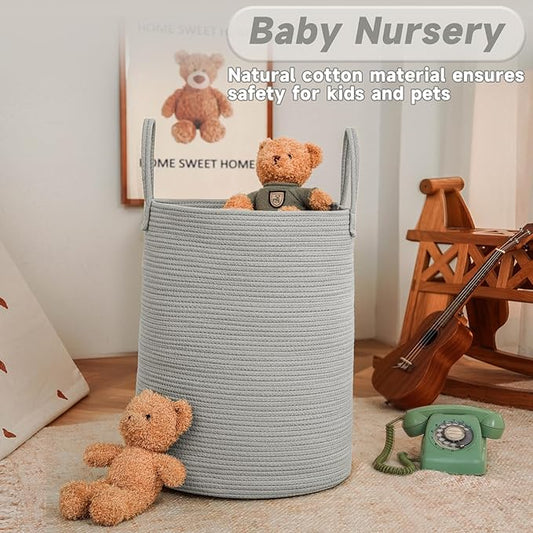 Large Woven Laundry Basket Hamper,100L Cotton Rope Storage Bin for Blankets,Toys and Clothes,Decorative Tall Nursery Hamper for Living Room,Baby Nursery,Bathroom and Bedroom,Grey