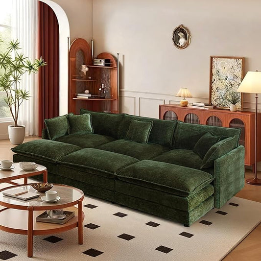 SoarFlash Chenille Sectional Sofa, Comfy Modular Coush Sofa with Ottoman, Modern 3 Seat Recliner Deep Seat Sofa Set for Living Room,Green