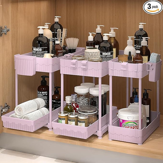 3 Pack Under Sink Organizers, 2-Tier Multi-Use Kitchen and Bathroom Organizers and Storage with Sliding Drawers,Bathroom Cabinet Organizer (Pink, 12.8 Inch)
