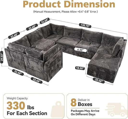 Large 8 Seat Modular Sectional Sofa with Ottoman Seat Corduroy Sleeper Sectional Sofa Bed Oversized Convertible Modular Couch for Living Room