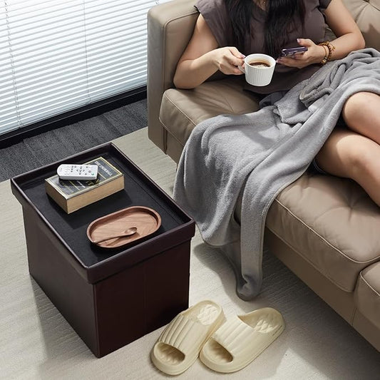AmasSmile Storage Ottoman Folding Foot Rest Stool with Side Pocket, 16 inch Leather Footstool Bench, Short Ottoman Bench, Storage Foot Rest Store, Books, Brown
