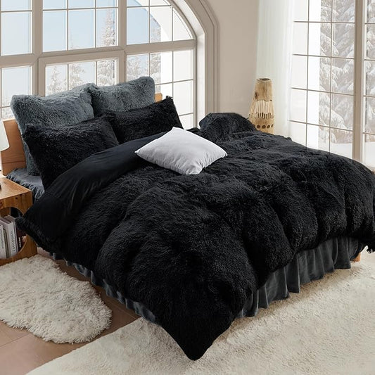 Sasttie 3-Piece Fluffy Duvet Cover Full, Ultra Soft Faux Fur and Velvet Black Comforter Cover, Luxury Fuzzy Bedding Sets for Winter Bed, Includes 1 Duvet Cover and 2 Pillowcases, No Comforter