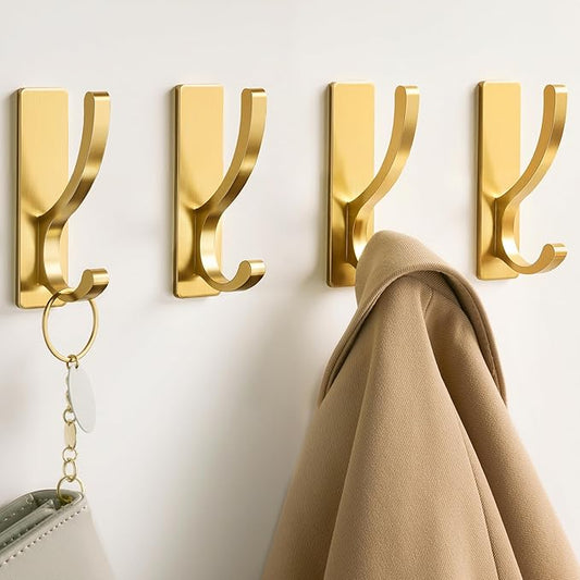pickpiff Adhesive Wall Hooks for Towels - Sticky Hook Hanging Heavy Duty (13lb), Hanger for Door, Bathroom, Dorm, Closet - for Coats, Purse, Bag, Robe - No Damage to Wall - Brushed Gold 4 Pack