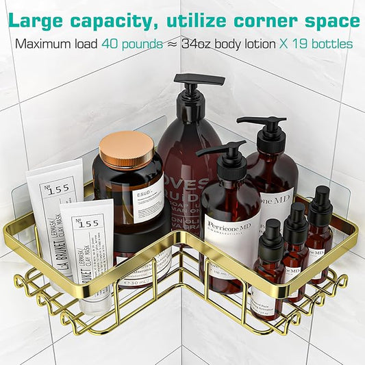 YASONIC Corner Shower Caddy, 3-Pack Adhesive Bathroom Caddy with Soap Holder and 12 Hooks, Rustproof Stainless Steel Shower Organizer, No Drilling Wall Mounted Shower Rack, for Bathroom, Gold