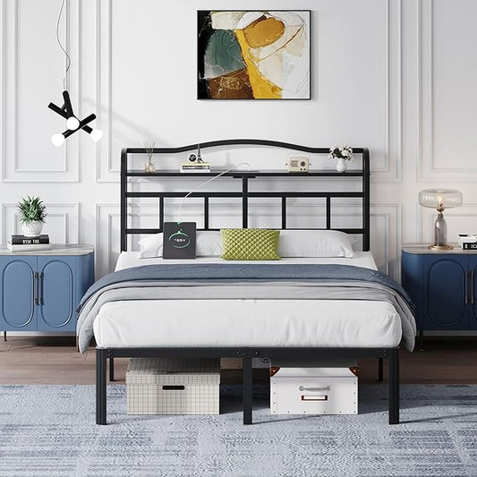 14 Inch Metal Bed Frame - Queen Size Black Heavy Duty Bedframe Platform Basic Mattress Foundation with Headboard & Charging Station No Box Spring Needed/Easy Assembly/No Noise