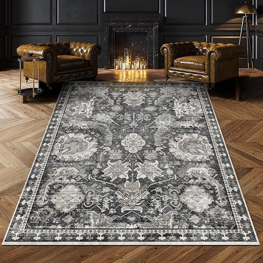 RUGSURE Washable Area Rugs - Perfect for Living Room, Bedroom, Kids Room, Nursery - Stain & Water Resistant Non-Slip, Pet & Child Friendly, Vintage Tribal Area Rugs (Grey, 6' x 9')