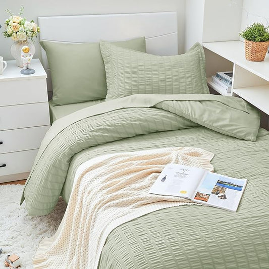 HYMOKEGE Light Green Twin XL Comforter Set Seersucker 5 Pieces, All Season Luxury Bed in a Bag for Bedroom, Bedding Set with Comforter, Sheets, Pillowcase & Sham