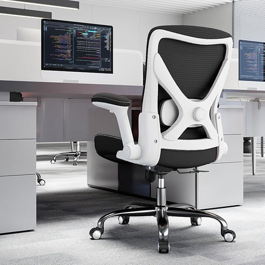 Office Home Ergonomic Desk Chair-Computer X-Shaped Chair Mesh PU Leather with Adjustable Lumbar Support-Executive Chair High Back Flip-Up Arms for Long Hours (Light Black-No Headrest)