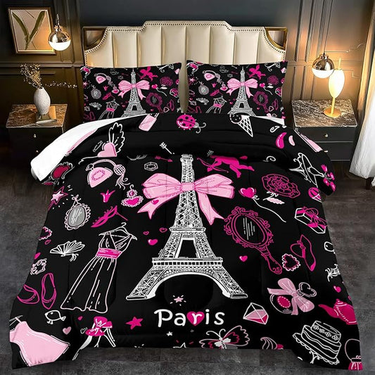 Eiffel Tower Comforter Set Queen Size,Eiffel Tower Bedding Set for Girls, Pink and Black Paris Themed Comforter Bedroom Decor,Paris Quilt French Style Romantic Bedding