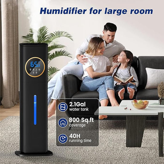 Humidifiers for Bedroom, 2.1Gal/8L Humidifier large room with Essential Oil Diffuser, Top Fill Whole House Cool Mist Humidifiers for Plants Baby Kids Adults(Black)