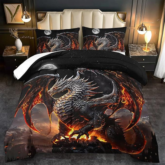 Black Dragon Comforter Set Full Adult,Flame Dragon Bedding Set for Boys,Magical Beast Bedding Fantasy Animal Comforter Beedroom Decor,Magical Beast Quilt Bed Decor
