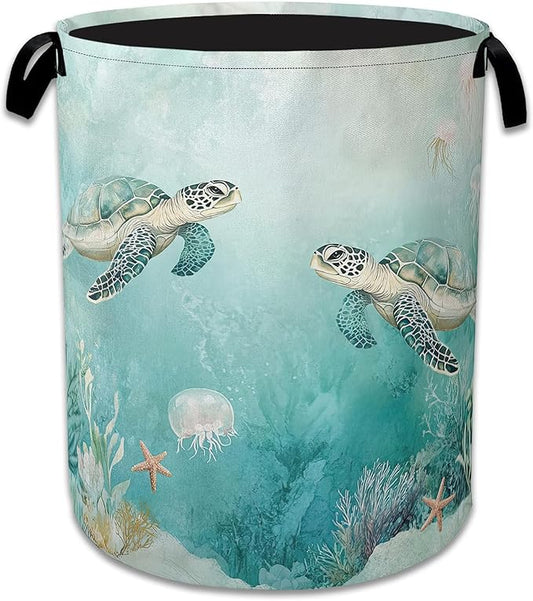Sea Turtles Laundry Basket,Foldable Oxford Cloth Jellyfish Coral Laundry Hamper with Handles, 20.8"x16" Tote Bag Clothes Storage Bucket for Laundry Room/Bathroom/Bedroom/Dormitories