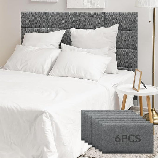 6 Piece Linen Fabric Peel and Stick Headboard, Upholstered Wall Mounted Headboard for Twin, 3D Anti-Collision Soundproof Self-Adhesive Wall Panel for Bedroom 16.53" x 9.84"