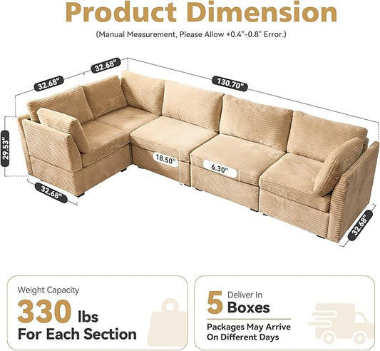 Modular Sectional Sofa,5 Pieces Sectional Couches for Living Room,131X65 L Shaped Cloud Couch with Oversized Convertible Modular Couch for Living Room