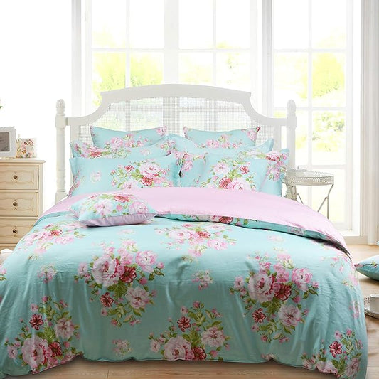 FADFAY Shabby Floral Duvet Cover Set Pink Grid Cotton Farmhouse Bedding with Hidden Zipper Closure 3 Pieces, 1duvet Cover & 2pillowcases,Full Size