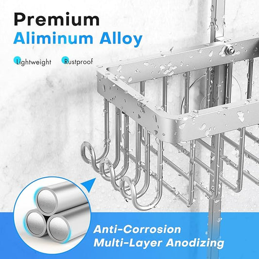 Aluminum Alloy Hanging Shower Caddy for Handheld Shower Heads,Rustproof Hose Shower Organizer 4 Levels Height Adjustable Shower Rack with Hooks,Razor Holder,Soap Holder