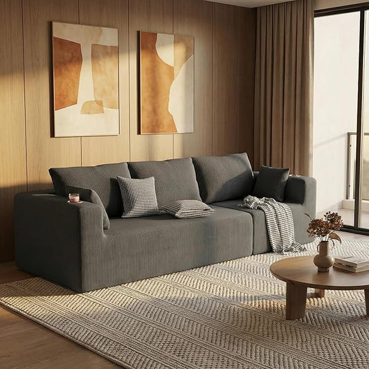 Furnimart 112" Oversized 3 Seater Sleeper Couch, Sectional Sofa Bed Boneless Cloud Couches for Living Room, Modern Deep Seat Modular Sofa, No Assembly Corduroy Dark Grey