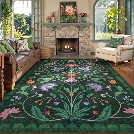Lahome Boho Floral Washable Green 9x12 Area Rugs for Living Room, Non Slip Rugs for Bedroom, Indoor Throw Dining Room Carpet for Under Table Home Office Playroom (Forest Green,9x12ft)