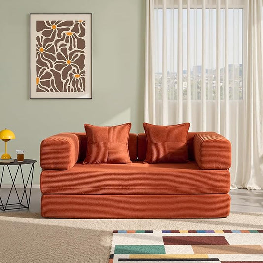 YINIX Foldable Sofa Bed, 62'' Folding Floor Couch, Compressed Convertable Sleeper Sofa, Memory Foam Couch with Pillow Back Support Armrest, 4-in-1 Futon Sofa Bed for Living Room, Orange