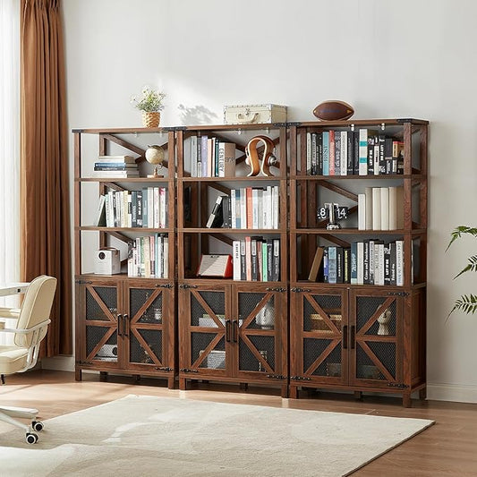5 Tier Bookshelf 70" Tall Bookcase with Barn Doors,Large Farmhouse Display Book Shelf with Adjustable Shelves and Storage Cabinet,Library Wood Bookshelves for Living Room,Kitchen,Brown(3PCS)