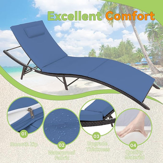 Patio Chaise Lounge Set 3 Pieces Pool Lounge Chairs,Cushioned Outdoor Folding Lounge Chair w/Rattan Adjustable Backrest for Poolside Porch,Folding Table Included,NavyBlue