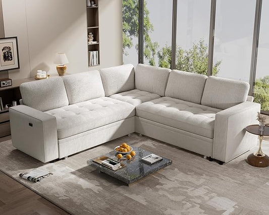 WEUP 5 Seat L Shaped Sectional Sleeper Sofa Bed with Pull Out Bed, Chenille Sectional Sleeper Couch with Adjustable Backrest, USB Ports & Storage Seat, Tool-Free Assembly, Chenille Beige