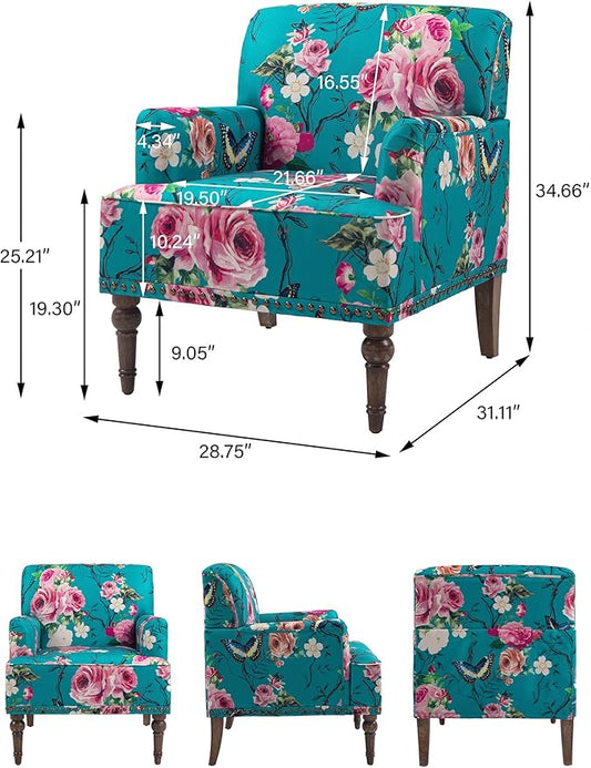 Accent Chair, Mid Century Modern Comfy Armchair for Living Room, Linen Fabric Single Sofa Lounge for Reading Bedroom Apartment Waiting Room with Wood Legs (Floral, Set of 2)