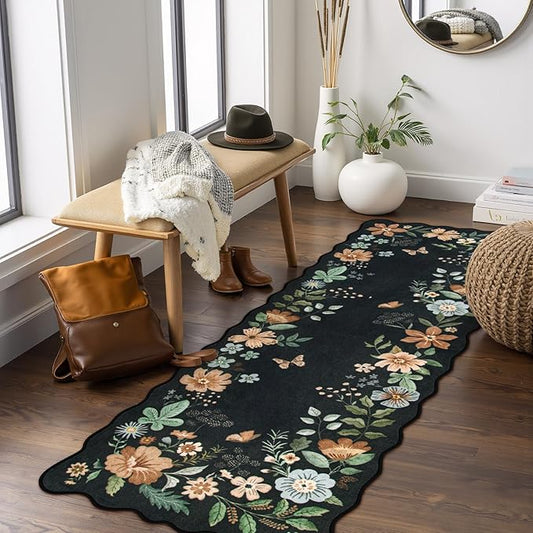 Lahome Floral Kitchen Runner, 2x5 Soft Washable Runner Rug Non Slip, Ultra-Thin Hallway Rug Stain Resistant Boho Carpet for Laundry Bathroom Bedroom, Black/Grey