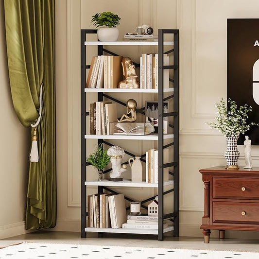 Homeiju Organization and Storage, 5 Tier Bookshelf, Tall Bookcase with Shelves, Wood and Metal Book Shelf Storage Organizer, Industrial Display Standing Shelf Unit for Bedroom, White