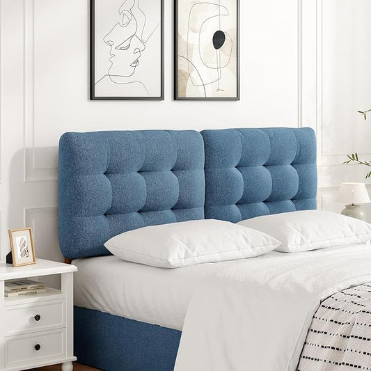Upholstered Headboard Queen Size, Adjustable Height Queen Headboard Only from 39”to 44”with Durable Solid Wood Legs, Modern Button Diamond Fabric Bed Head Board with Width Adapters, Blue