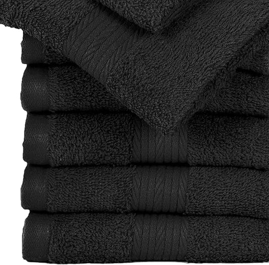 Ample Decor Wash Cloths Pack of 50 12 X 12 Inch 100% Cotton 600 GSM, Soft Absorbent,Machine Washable Face Towels, Oeko Tex Certified Reusable Fingertip Towels for Bathroom, Hotel, Gym, Spa - Black