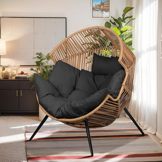 Vongrasig Comfy Wicker Egg Chair, Soft Thick Cushion Rattan Lounge Chair, High Capacity Steel Frame, Reading Chair for Living Room, Bedroom, Dorm Rooms (Black)